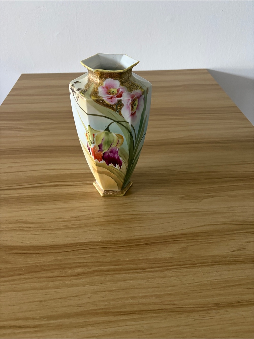 Hermes Hand-Painted Floral Porcelain Hexagonal Vase with Gold Trim